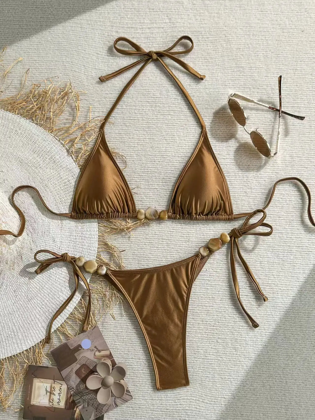 Elevate Your Swim Style with Our Shiny Brown Women's Bikini and Camisole Triangle Set - Perfect Push-Up Two-Piece!
