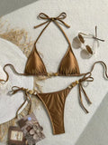 Elevate Your Swim Style with Our Shiny Brown Women's Bikini and Camisole Triangle Set - Perfect Push-Up Two-Piece!