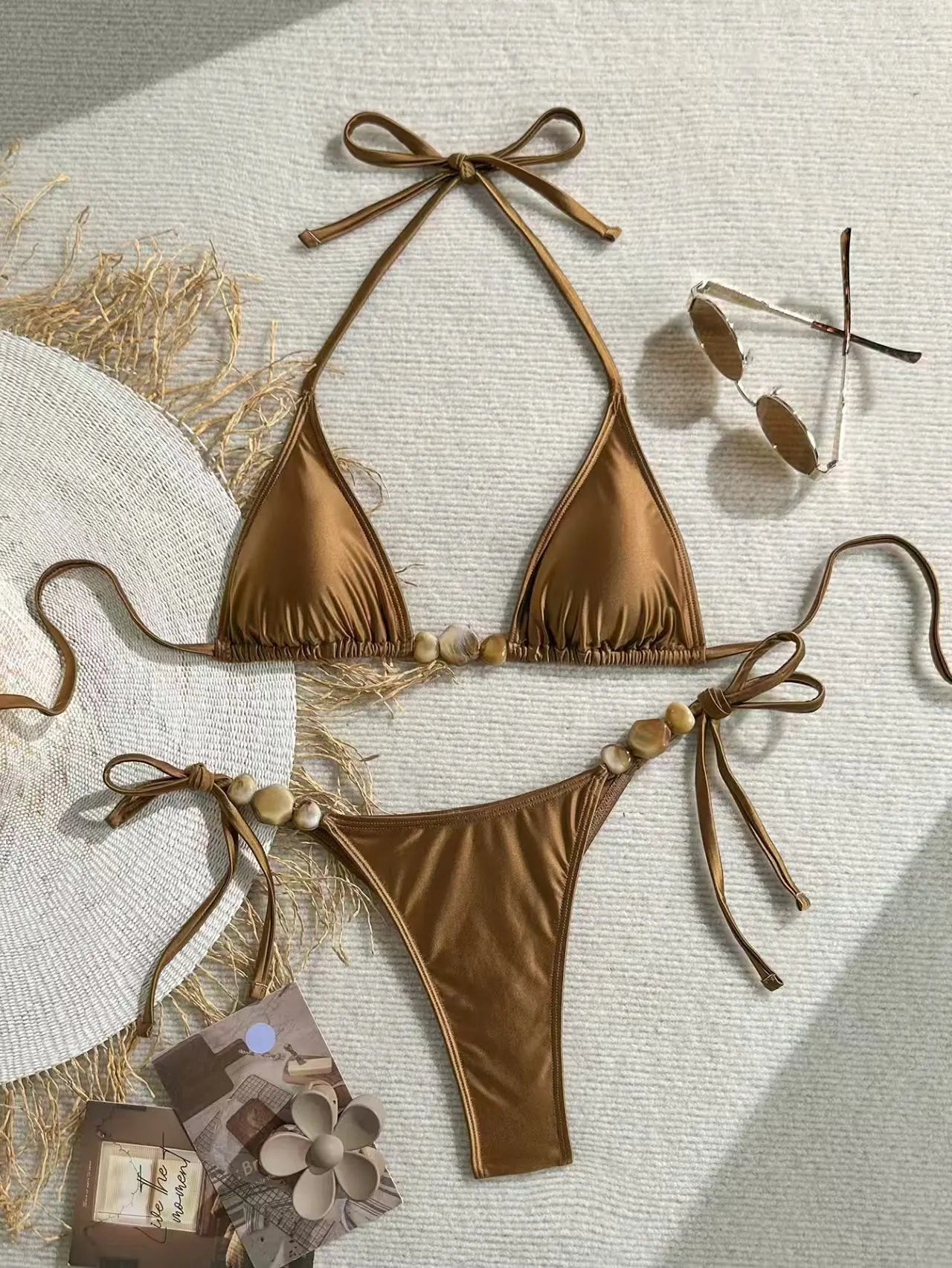 Elevate Your Swim Style with Our Shiny Brown Women's Bikini and Camisole Triangle Set - Perfect Push-Up Two-Piece!